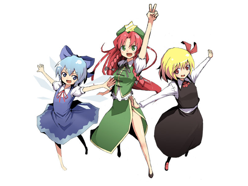 cirno, hong meiling, and rumia (touhou) drawn by kasuga_ayumu_(haruhipo)