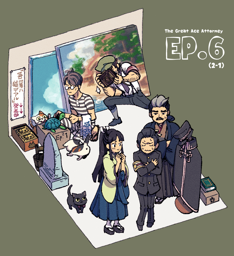 susato mikotoba, rei membami, wagahai, ryutaro naruhodo, yujin mikotoba, and 2 more (ace attorney and 2 more) drawn by shino_(shino_dgs)