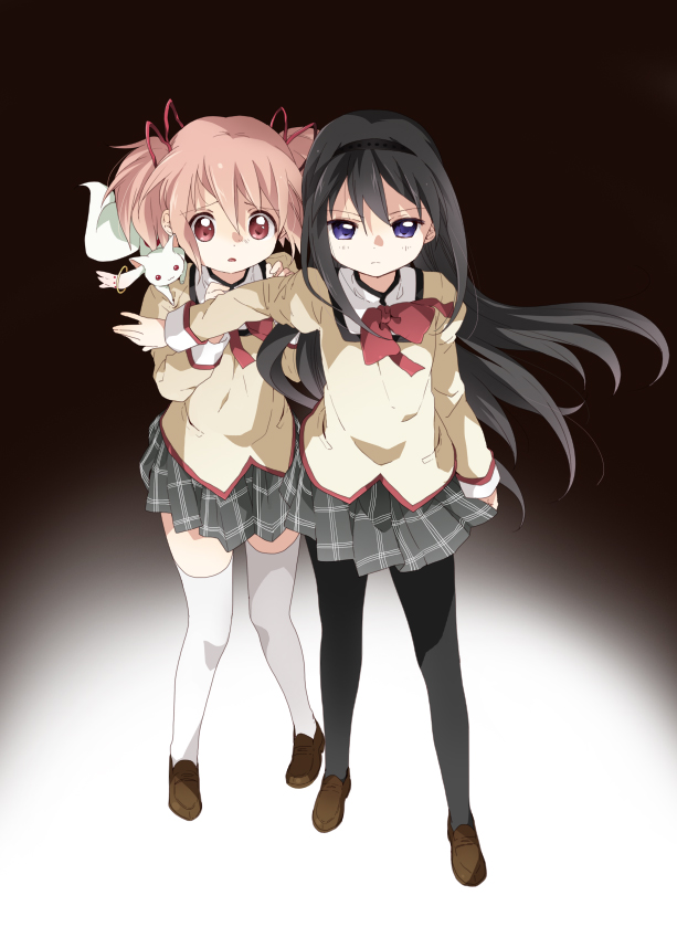 akemi homura, kaname madoka, and kyubey (mahou shoujo madoka magica) drawn by namori