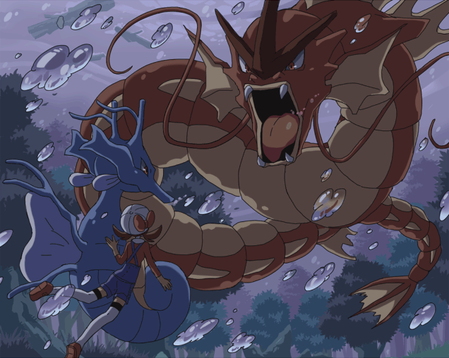 lyra, gyarados, and kingdra (pokemon and 1 more) drawn by sen_pic
