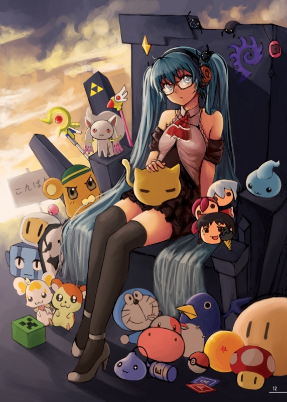 hatsune miku, hakurei reimu, kyubey, raising heart, doraemon, and 13 more (touhou and 25 more) drawn by pas_(paxiti)