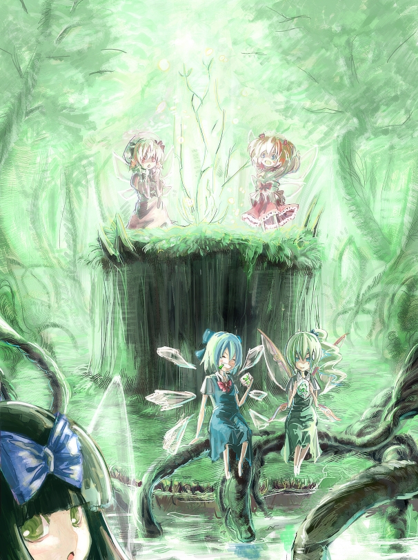 cirno, daiyousei, star sapphire, luna child, and sunny milk (touhou) drawn by kotarou_(rakugaki_shirushi)
