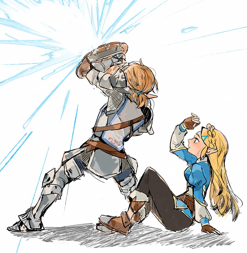link and princess zelda (the legend of zelda and 1 more) drawn by hazeleafyy