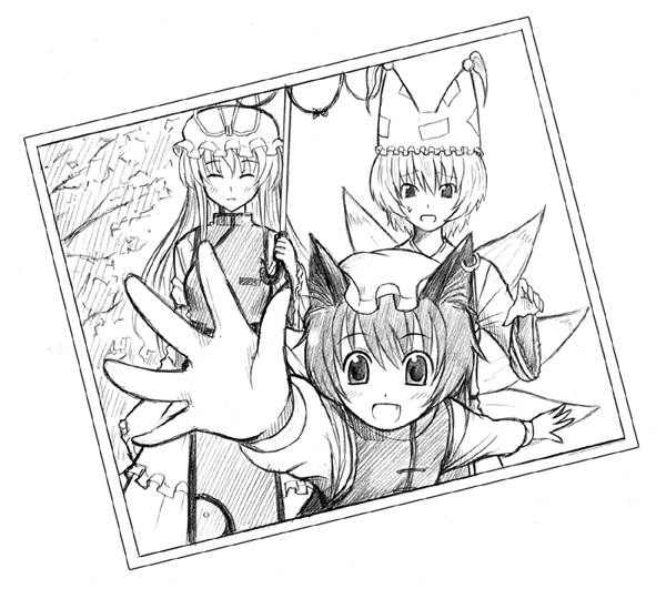 yakumo yukari, yakumo ran, and chen (touhou) drawn by mozan