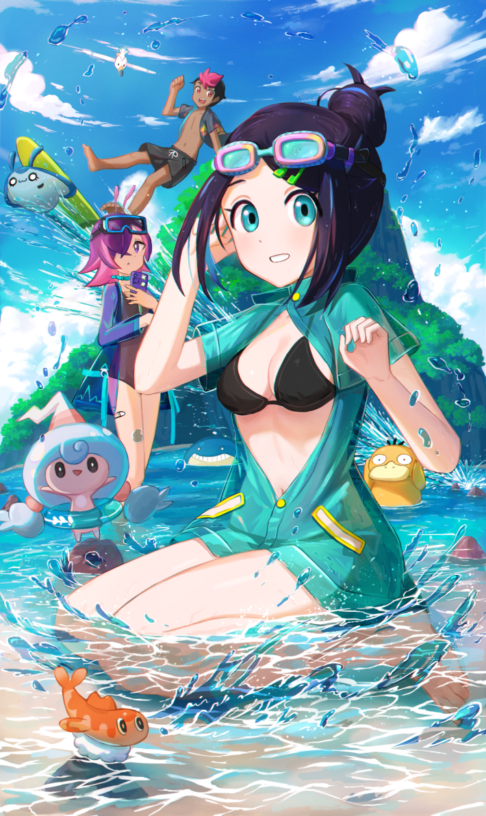 liko, psyduck, wingull, dot, roy, and 4 more (pokemon and 1 more) drawn by kutsunohito