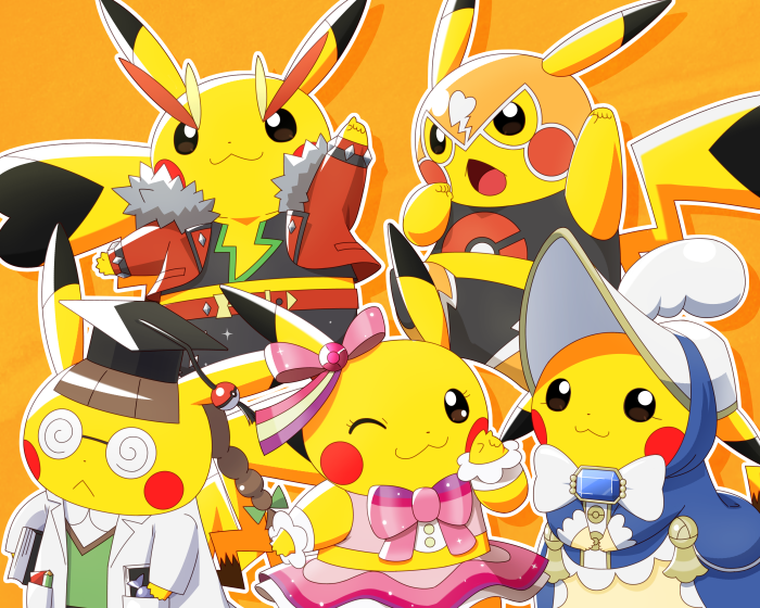 pikachu, cosplay pikachu, pikachu libre, pikachu pop star, pikachu belle, and 2 more (pokemon) drawn by pirosiki025