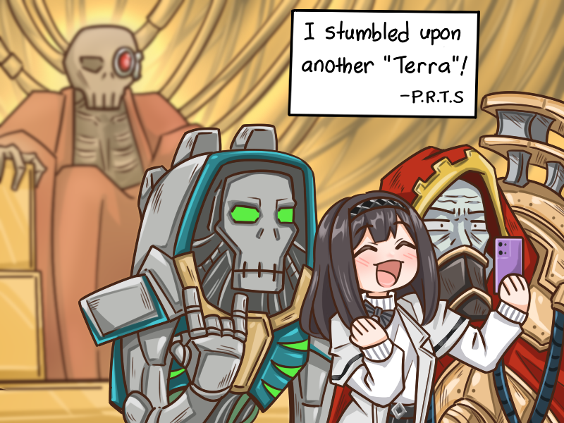 priestess, emperor of mankind, trazyn the infinite, and belisarius cawl (arknights and 1 more) drawn by guin_guin