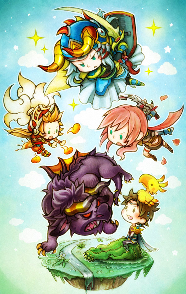 lightning farron, bartz klauser, warrior of light, onion knight, deviljho, and 1 more (final fantasy and 6 more) drawn by ujuju