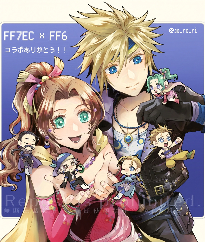 cloud strife, aerith gainsborough, terra branford, locke cole, edgar roni figaro, and 2 more (final fantasy and 3 more) drawn by jo_ro_ri