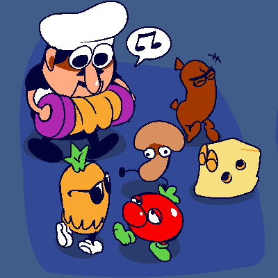 mushroom toppin, pineapple toppin, sausage toppin, tomato toppin, cheese toppin, and 1 more (pizza tower) drawn by pendoodleshere