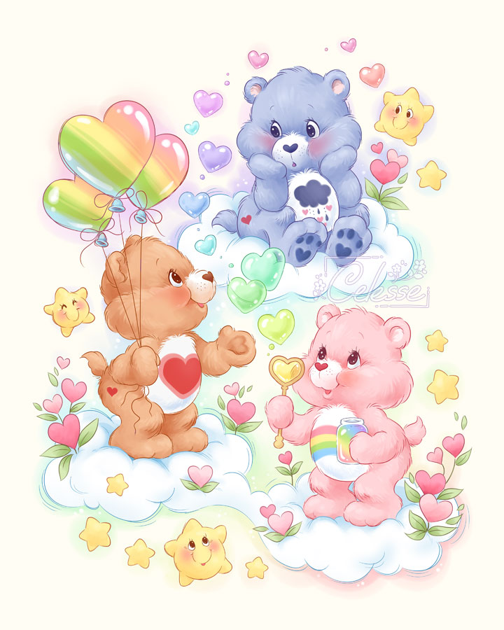 cheer bear, grumpy bear, and tenderheart bear (care bears) drawn by samantha_whitten