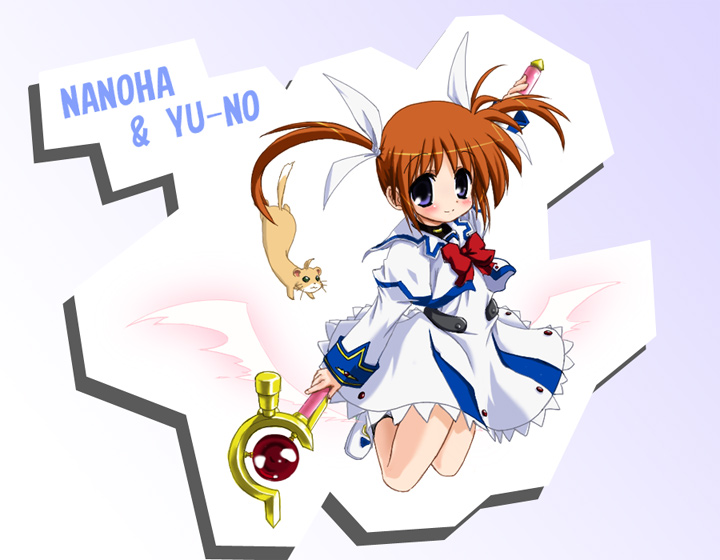 takamachi nanoha, raising heart, and yuuno scrya (lyrical nanoha and 1 more) drawn by izuno_kenta