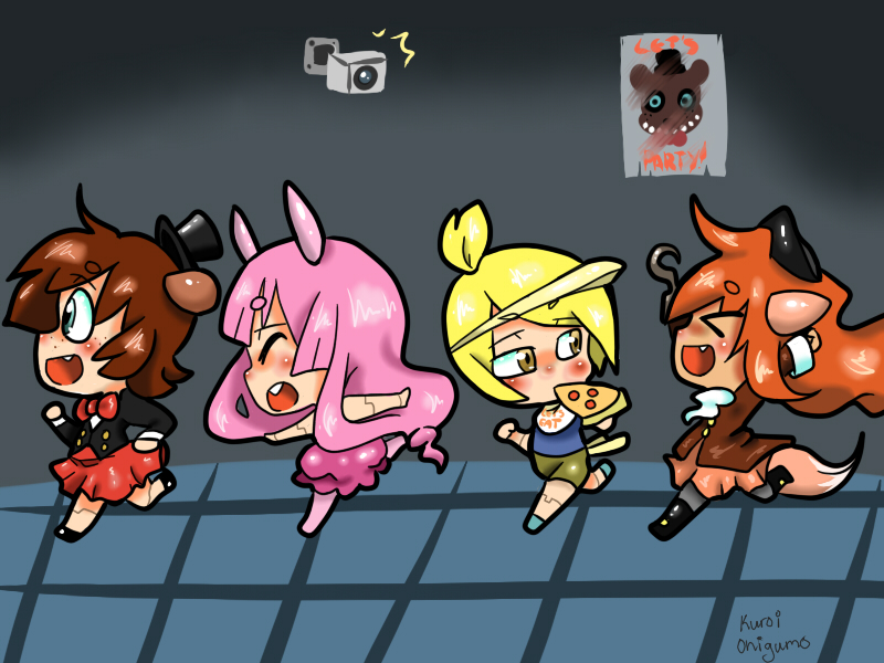 freddy fazbear, chica, bonnie, and foxy (five nights at freddy's) drawn by kuroi_onigumo