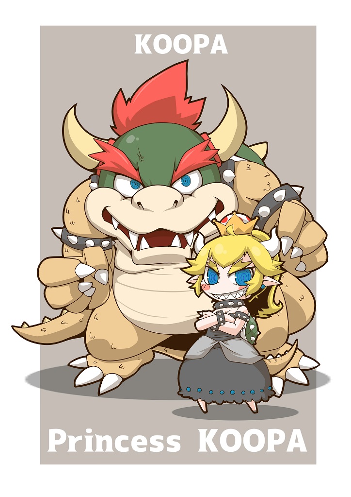 bowsette and bowser (mario and 1 more) drawn by zannen_na_hito