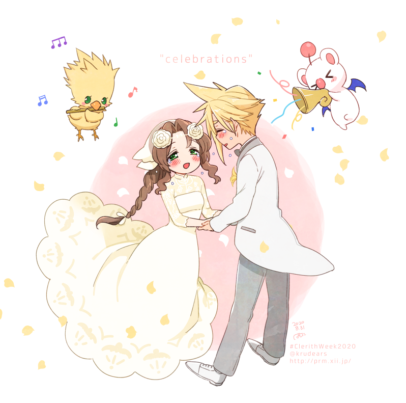 cloud strife, aerith gainsborough, and moogle (final fantasy and 2 more) drawn by krudears