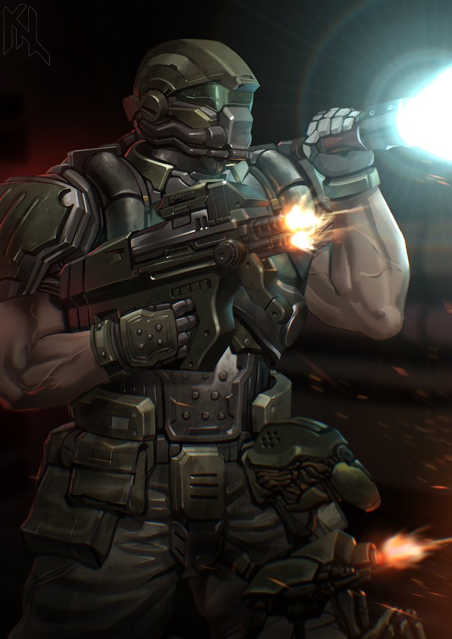doomguy and sentry bot (doom and 1 more) drawn by porukima