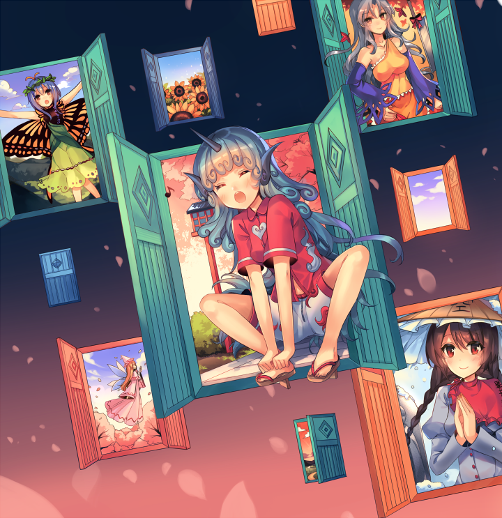 lily white, komano aunn, eternity larva, yatadera narumi, and sakata nemuno (touhou and 1 more) drawn by kirero