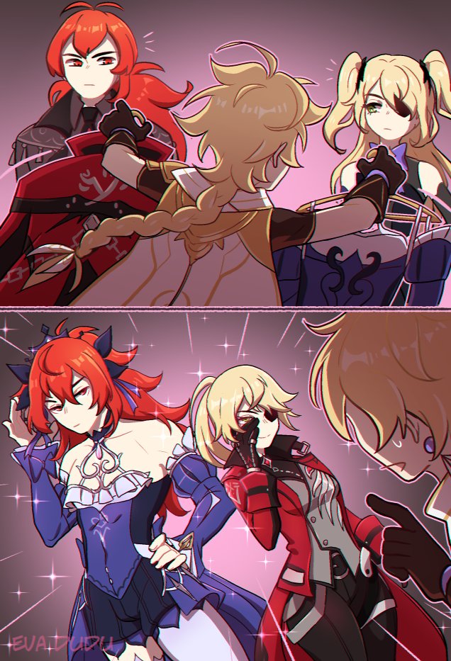 aether, diluc, and fischl (genshin impact) drawn by kakaolikeslegs