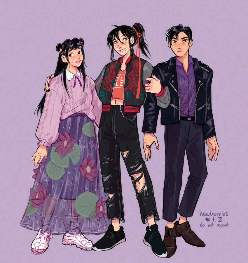 wei wuxian, jiang cheng, and jiang yanli (modao zushi) drawn by hawberries