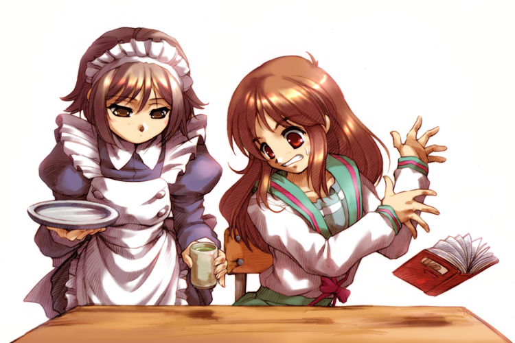 nagato yuki and asahina mikuru (suzumiya haruhi no yuuutsu) drawn by hisahiko