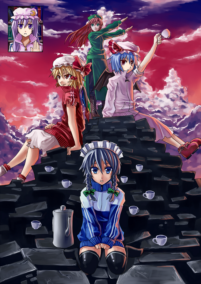 remilia scarlet, flandre scarlet, izayoi sakuya, patchouli knowledge, and hong meiling (touhou) drawn by bokuden