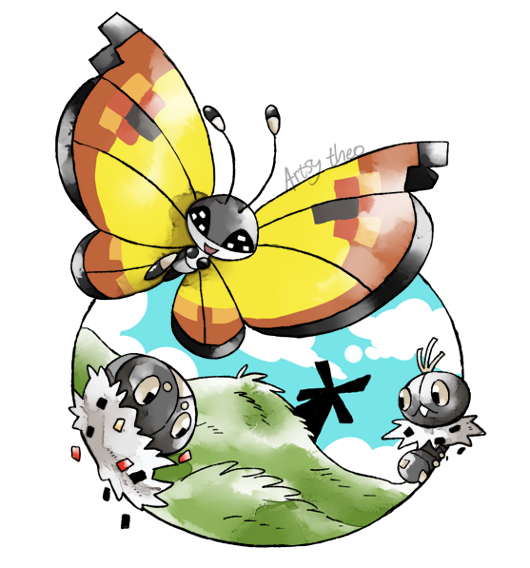 vivillon, spewpa, and scatterbug (pokemon) drawn by artsy-theo