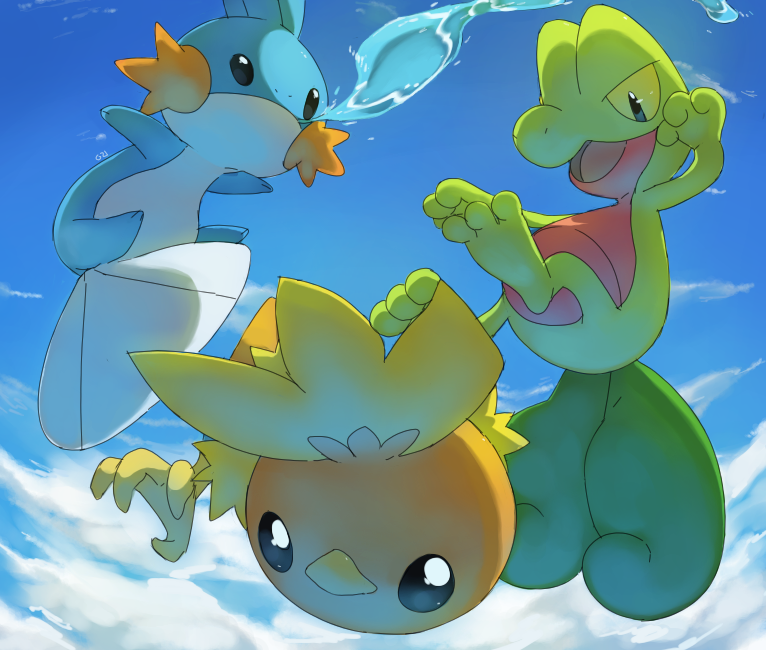torchic, mudkip, and treecko (pokemon) drawn by pinkgermy
