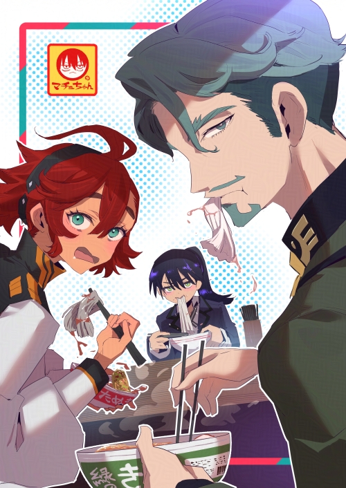 suletta mercury, nyaan, and challia bull (gundam and 2 more) drawn by tajima_ryuushi
