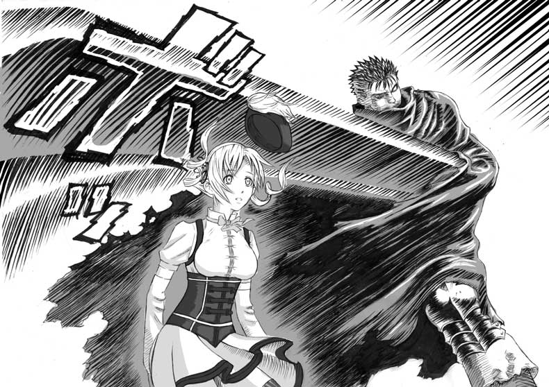 tomoe mami and guts (mahou shoujo madoka magica and 1 more) drawn by nemo_(nameless920)