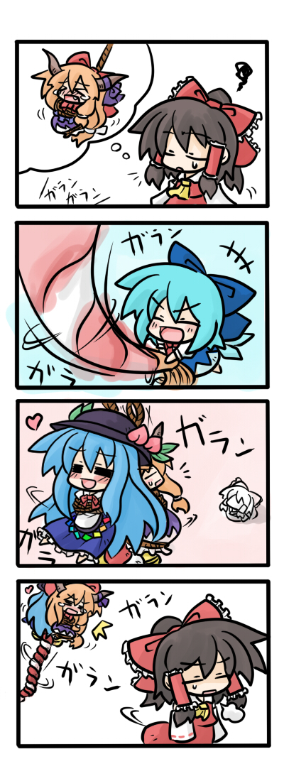 hakurei reimu, cirno, hinanawi tenshi, and ibuki suika (touhou) drawn by yanagi_(nurikoboshi)