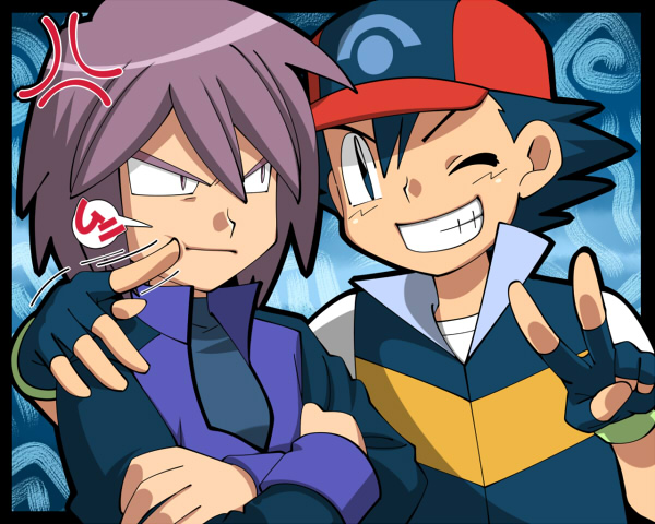 ash ketchum and paul (pokemon and 1 more) drawn by amada