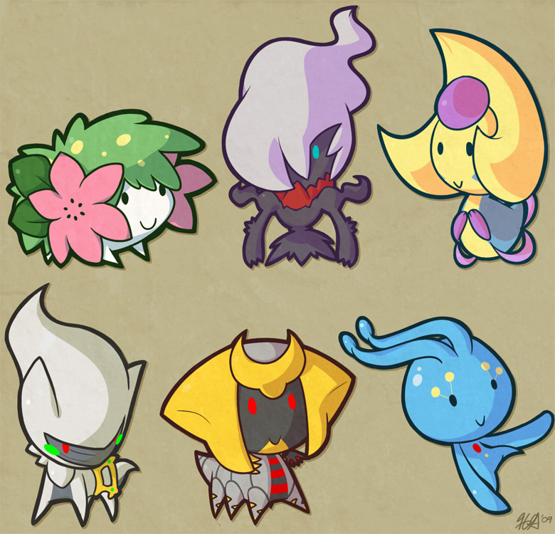 shaymin, giratina, darkrai, arceus, manaphy, and 1 more (pokemon) drawn by heather_gibbons