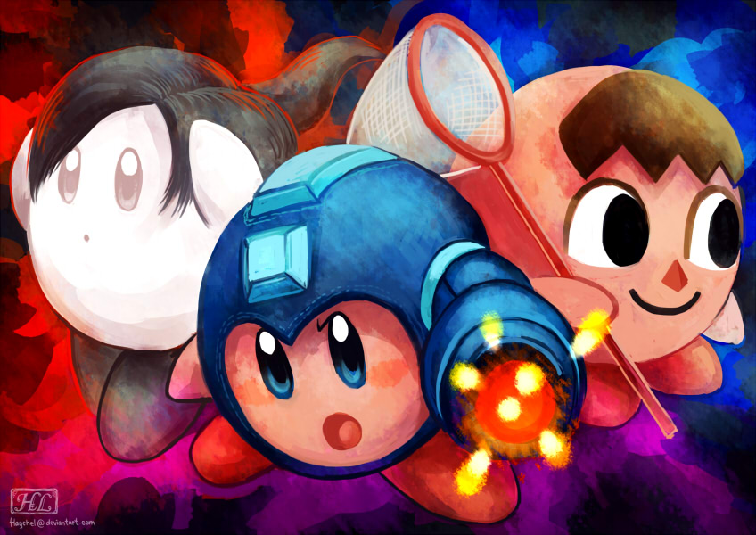 kirby, mega man, villager, and wii fit trainer (kirby and 4 more) drawn by haychel