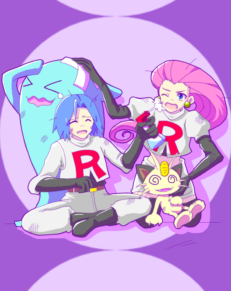 jessie, james, meowth, and wobbuffet (pokemon) drawn by rai_(fortunecookie)