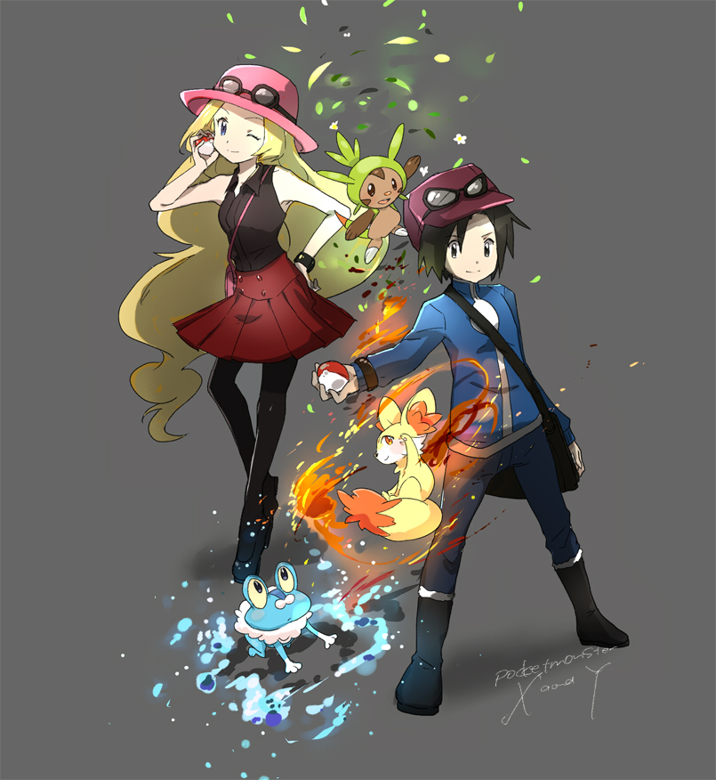 serena, calem, fennekin, chespin, and froakie (pokemon and 1 more) drawn by ume_(plumblossom)