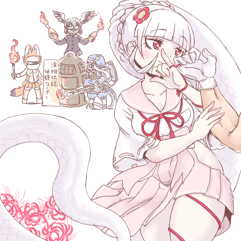 captain, dhole, komodo dragon, yatagarasu, and byakuda (kemono friends and 1 more) drawn by maki_(02uh14l1b740ao2)