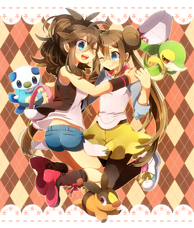rosa, hilda, oshawott, snivy, and tepig (pokemon and 2 more) drawn by shooting428star