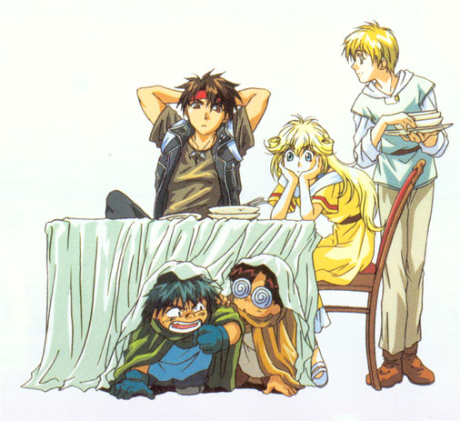 orphen, cleo everlastin, majic lin, volkan, and dortin (majutsushi orphen)