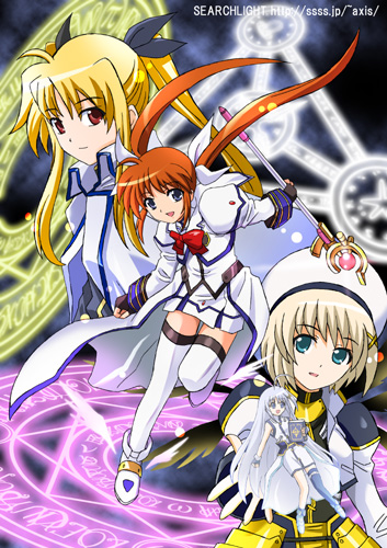 fate testarossa, takamachi nanoha, yagami hayate, raising heart, reinforce zwei, and 1 more (lyrical nanoha and 1 more) drawn by midori_(searchlight)