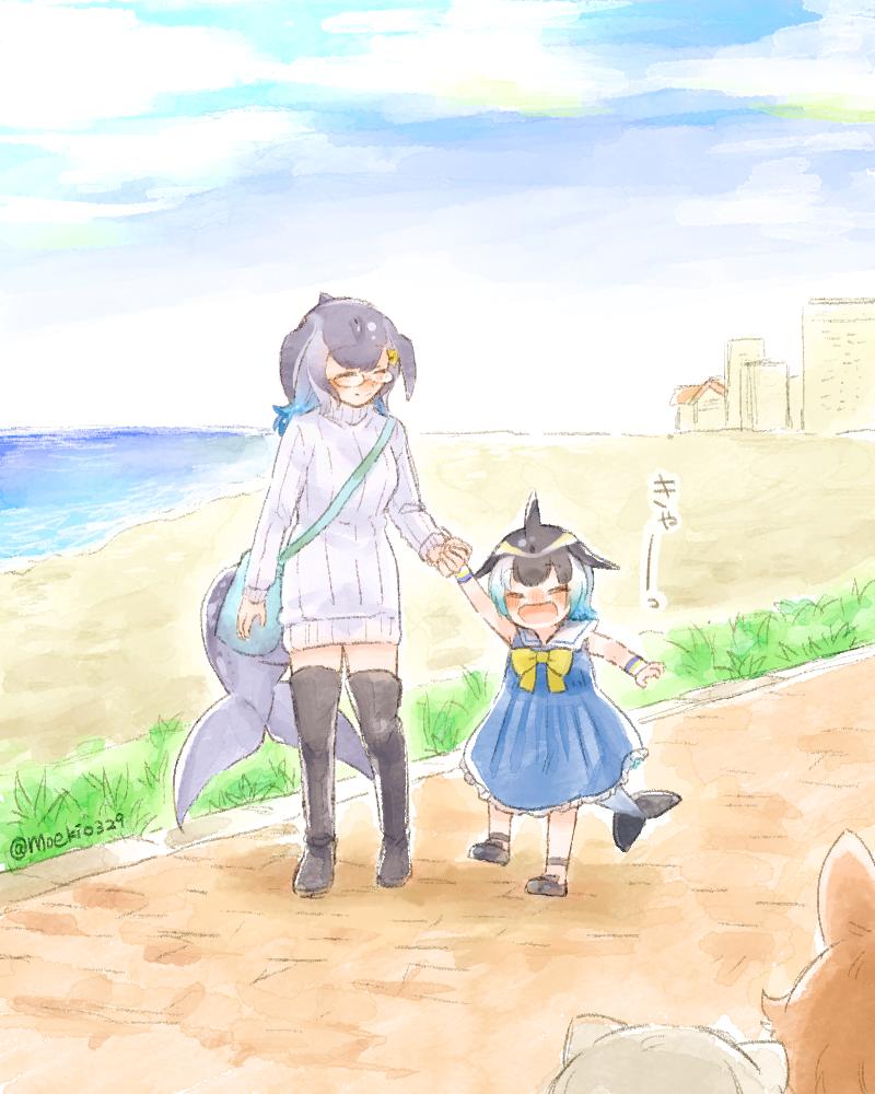 dhole, common dolphin, meerkat, and blue whale (kemono friends and 1 more) drawn by moeki_(moeki0329)