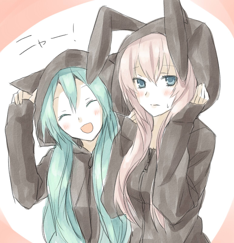hatsune miku and megurine luka (vocaloid) drawn by hijiki_(hijikini)