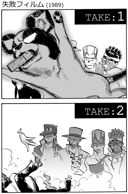 joseph joestar, kujo jotaro, kakyoin noriaki, jean pierre polnareff, mohammed avdol, and 1 more (jojo no kimyou na bouken and 1 more) drawn by waraji_nugeta