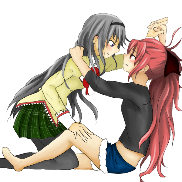 akemi homura and sakura kyoko (mahou shoujo madoka magica) drawn by ohon_(bookda)