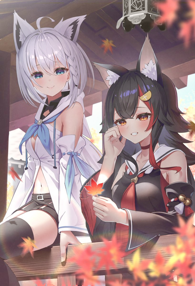 shirakami fubuki and ookami mio (hololive) drawn by midori_matsukaze