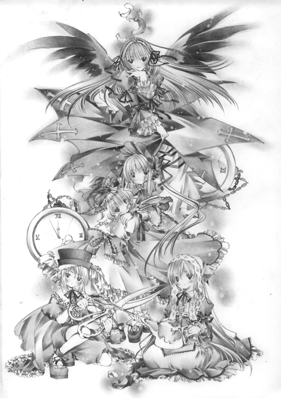 suigintou, shinku, suiseiseki, souseiseki, and hinaichigo (rozen maiden) drawn by moo_(umineko)