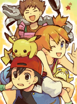 pikachu, ash ketchum, misty, psyduck, brock, and 1 more (pokemon) drawn by shirataki_nako