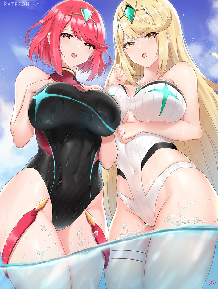 pyra and mythra (xenoblade chronicles and 1 more) drawn by cyicheng
