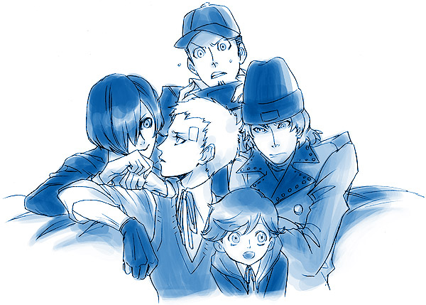 yuuki makoto, sanada akihiko, aragaki shinjirou, iori junpei, and amada ken (persona and 1 more) drawn by fujico