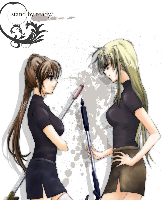 fate testarossa, takamachi nanoha, raising heart, and bardiche (lyrical nanoha and 1 more) drawn by lina_(interlude)