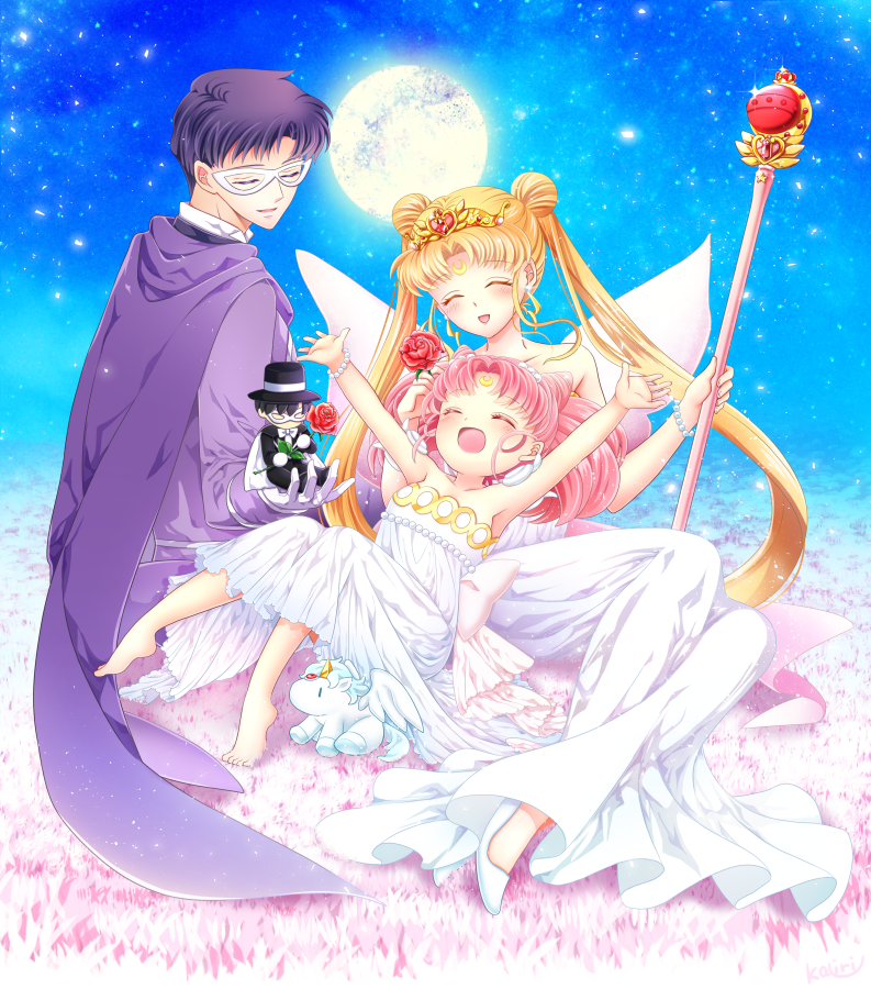 tsukino usagi, chibi usa, chiba mamoru, tuxedo kamen, small lady serenity, and 3 more (bishoujo senshi sailor moon and 2 more) drawn by kairi_(oro-n)